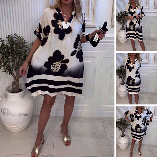 🌸2025 Neue Mode🌸 Bedrucktes, lockeres Kleid mit tiefem V-Ausschnitt für Damen